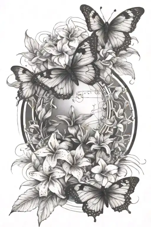 Create me a tattoo with tropical flowers and only one butterflie presenting Guadeloupe map tattoo design idea