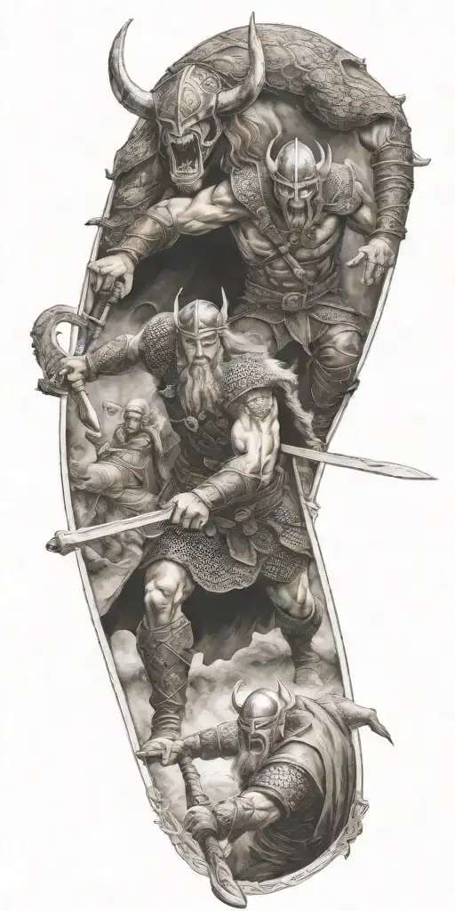A Viking warrior battling a devil in a fierce showdown tattoo design idea