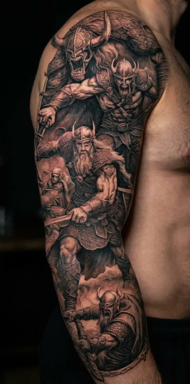 A Viking warrior battling a devil in a fierce showdown tattoo design idea