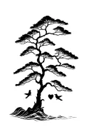 monterey pine with ocean waves and 3 birds in the branches of the tree with a heart on the trunk tattoo design idea