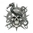 Skull/Crane, Daggers/Knives, Inverted Cross, Pentagram, Eyes, Snakes, Demons, Crows tattoo design idea