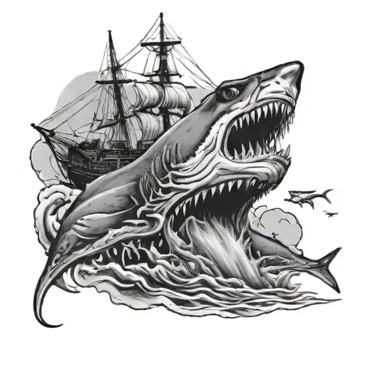 realistic, ocean, sea shepherd, tiger shark hunting, ship wreck tattoo design idea