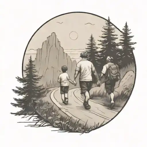 father in the middle  with two kids walking down the road with forest and cliffs in background tattoo design idea