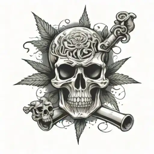 skull with brain exposed smoking weed with words Outlaw background  tattoo design idea