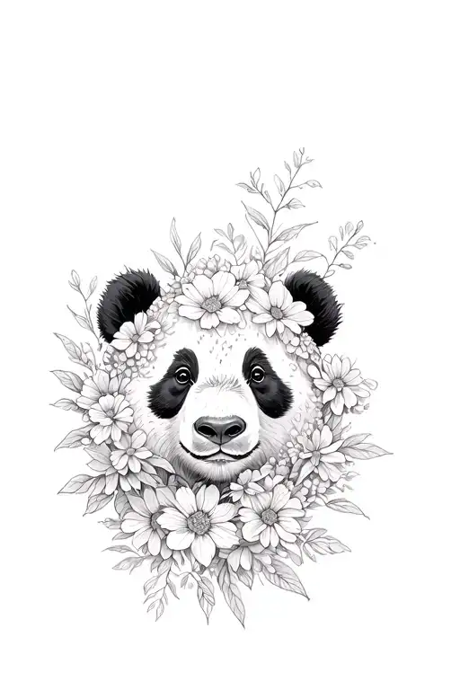 panda whos face is morphed into flowers growing tattoo design idea