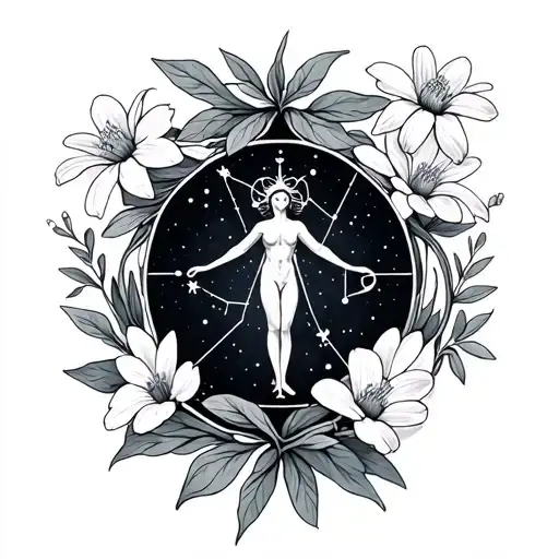 Libra constellation with snowdrop and cosmos flowers and Aquarius sign tattoo design idea