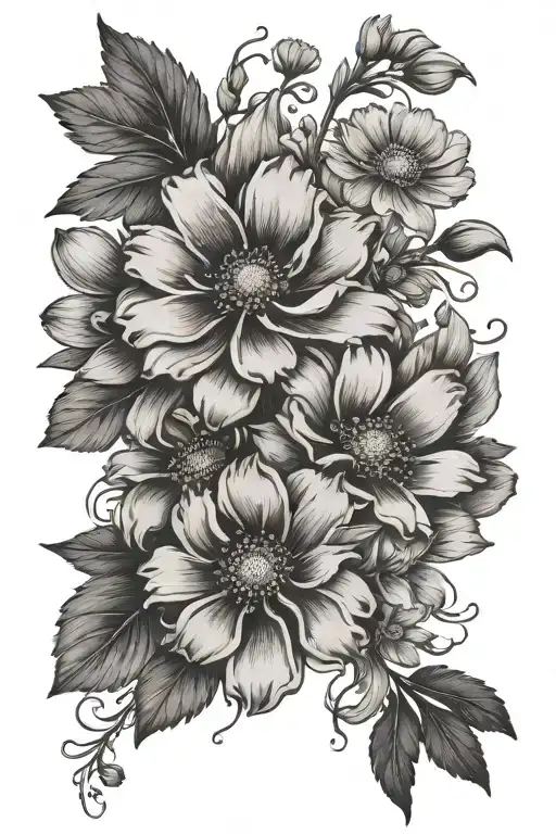 black and white fineline marigolds and cosmos with Nora and 14/10/24 written underneath. tattoo design idea