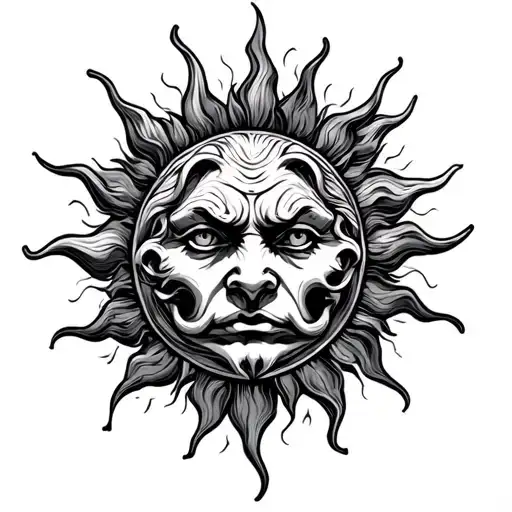 simple sun in splendour with simple gargoyle face in the middle tattoo design idea