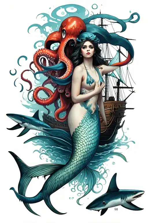 gothic mermaid underwater scene with sharks, red octopus and sunken pirate ship in color tattoo design idea