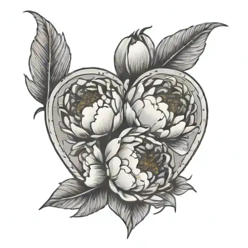 2 peony flowers growing out of a human heart tattoo design idea
