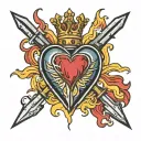 a hyper-masculine sacred heart, three thick daggers piercing the sacred heart, flames above the sacred heart tattoo design idea