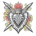 a hyper-masculine sacred heart, three thick daggers piercing the sacred heart, flames above the sacred heart tattoo design idea