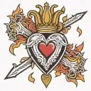 a hyper-masculine sacred heart, three thick daggers piercing the sacred heart, flames above the sacred heart tattoo design idea