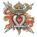 a hyper-masculine sacred heart, three thick daggers piercing the sacred heart, flames above the sacred heart tattoo design idea