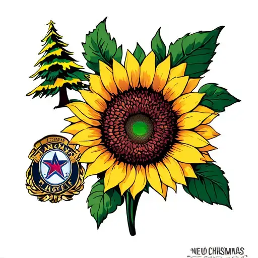 large sunflower, porclein Christmas tree on the left, Texas Ranger badge on the left.  tattoo design idea