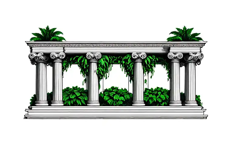 Generate a tattoo of Hanging Gardens of Babylon, focusing on columns and plants, using black for columns and dark green  tattoo design idea