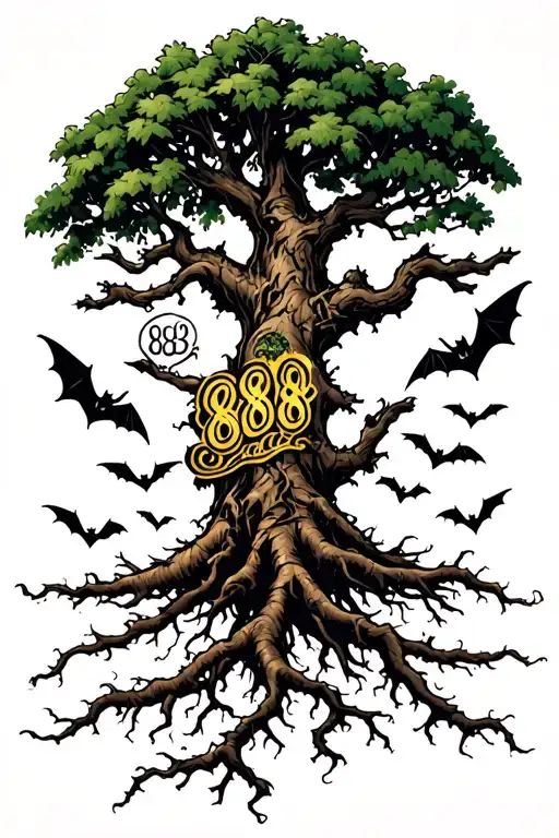 piosoin tree with roots and bats flying with 888 angle number connected to the roots tattoo design idea