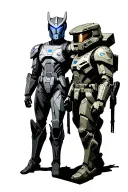Garrus Vakarian from Mass Effect next to Master Chief from Halo, bust view, quarter shot.  tattoo design idea