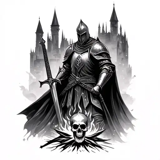 dark souls tatoo sleeve, knight with sword from side, bonfire with skull below, top skyline of anor londo tattoo design idea