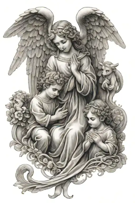 guardian angel praying over children holding hands tattoo design idea