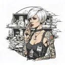 sexy Slim Woman, short white bob hairstyle, emo punk clothes, post apocalyptic wasteland, smoking cigarette, nuclear fog tattoo design idea