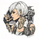 sexy Slim Woman, short white bob hairstyle, emo punk clothes, post apocalyptic wasteland, smoking cigarette, nuclear fog tattoo design idea