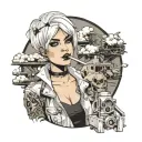sexy Slim Woman, short white bob hairstyle, emo punk clothes, post apocalyptic wasteland, smoking cigarette, nuclear fog tattoo design idea