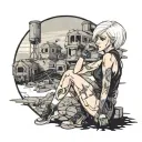 sexy Slim Woman, short white bob hairstyle, emo punk clothes, post apocalyptic wasteland, smoking cigarette, nuclear fog tattoo design idea
