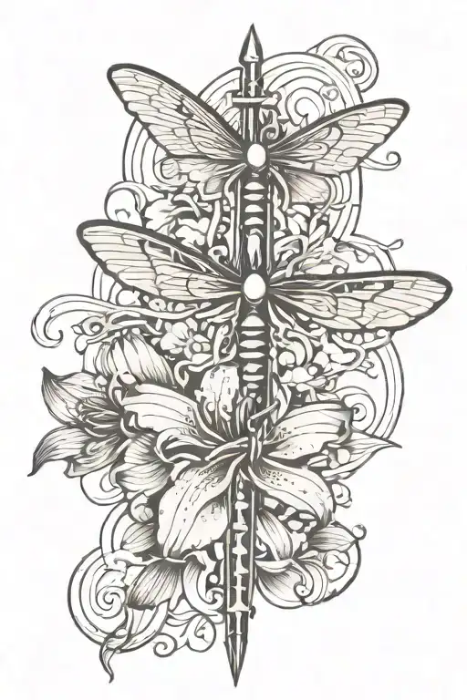 cross, lily, dragonfly, heartbeat line tattoo design idea