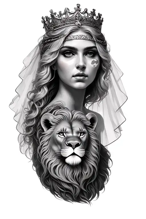 black & grey realism- beutiful greek goddess with light color hair, wearing crown with veil, a lion and moon tattoo design idea
