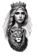 black & grey realism- beutiful greek goddess with light color hair, wearing crown with veil, a lion and moon tattoo design idea