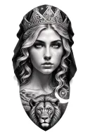 black & grey realism- beutiful greek goddess with light color hair, wearing crown with veil, a lion and moon tattoo design idea