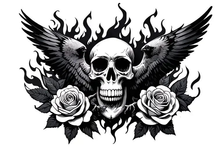 skull roses crow raven flying negative space soul on fire  tattoo design idea