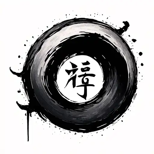Hand-drawn, incomplete Japanese Enso circle in black ink, with the Kanji symbol for "truth" (真) inside. Inside the circ tattoo design idea