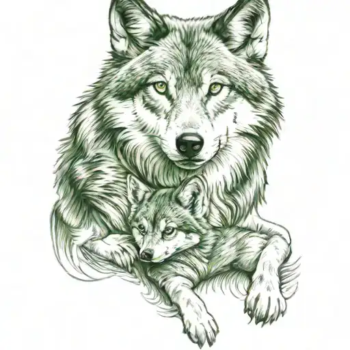 Create a tattoo of a wolf with deep green eyes, with an imposing posture guarding her cub tattoo design idea
