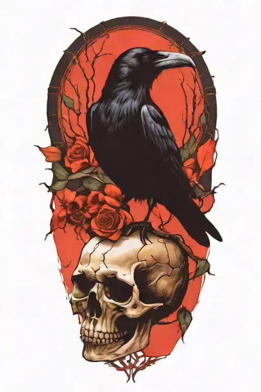 Raven perched on skull with stain glass window background tattoo design idea