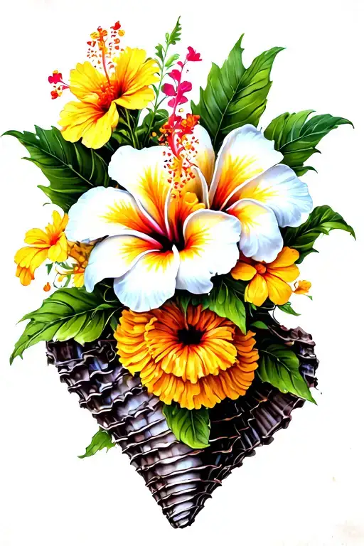 hibiscus, marigold and plumeria in a conch shell bouquet  tattoo design idea