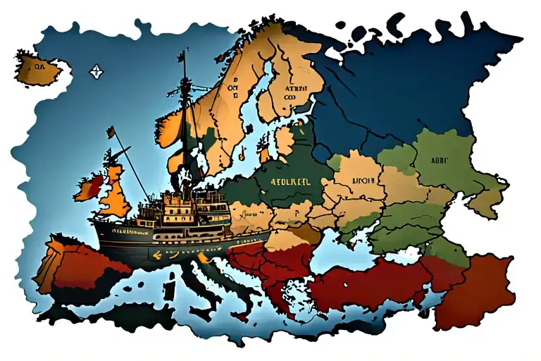 old battle ship and a map of Europe next to it  tattoo design idea
