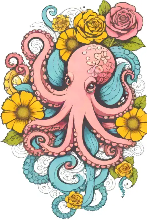 octopus, white snowdrop, rose,  marigold flower tattoo design idea