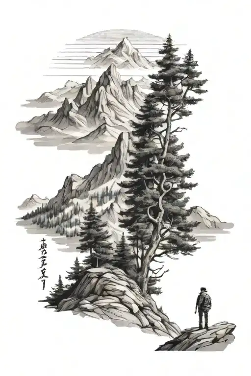 mountains, alpine trees and a person waiting in the hope to meet his lost love again and write a name tennie tattoo design idea