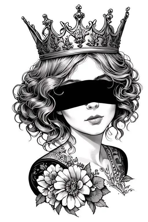 A blind queen with ginger hair wearing a blindfold covering her eyes and a crown on her head girly style with flower's  tattoo design idea
