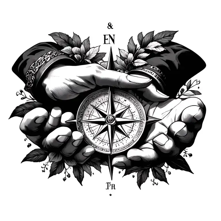 Hands holding, wedding ring, compass rose, north pointing up, black & grey shading tattoo design idea