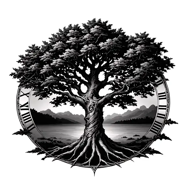 ash tree surrounded by Roman numerals all blackwork tree of life tattoo design idea