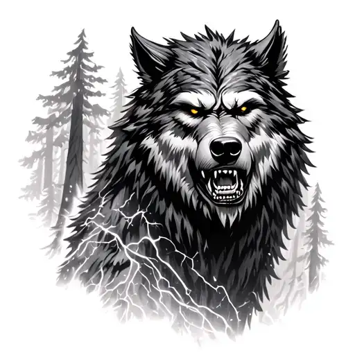 werewolf in forest during thunderstorm tattoo design idea