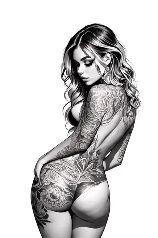 sexy girl, bent over, petite, nice boobs, sexual tattoo design idea