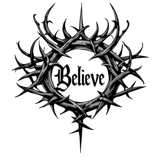 design a vertical tattoo concept for your arm — keeping the Gothic “Believe” text and crown of thorns theme but composed tattoo design idea