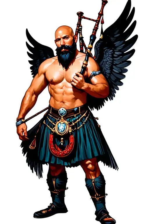 shirtless bagpiper big black wings on back muscular playing the bagpipes bald with  black beard  tattoo design idea