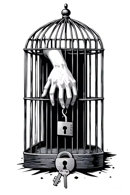a forearnm and hand reaching down toward the keys out of a large square cage, show a lock on the door ofthe cage below t tattoo design idea