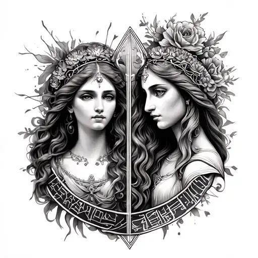 Full sleeve tattoo of gemini and virgo zodiac sign tattoo design idea