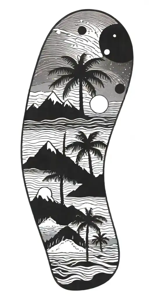 outer space, palm tree, galaxy, pyramid, shoal wintergreen dip can in the sand with a sunset tattoo design idea
